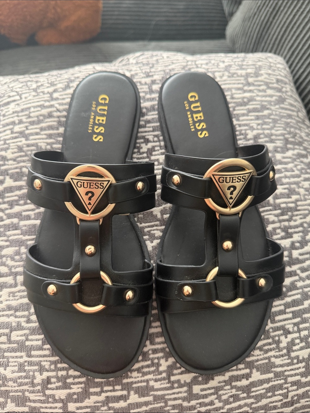 GUESS Black Slide Sandals with Gold Triangle Logo